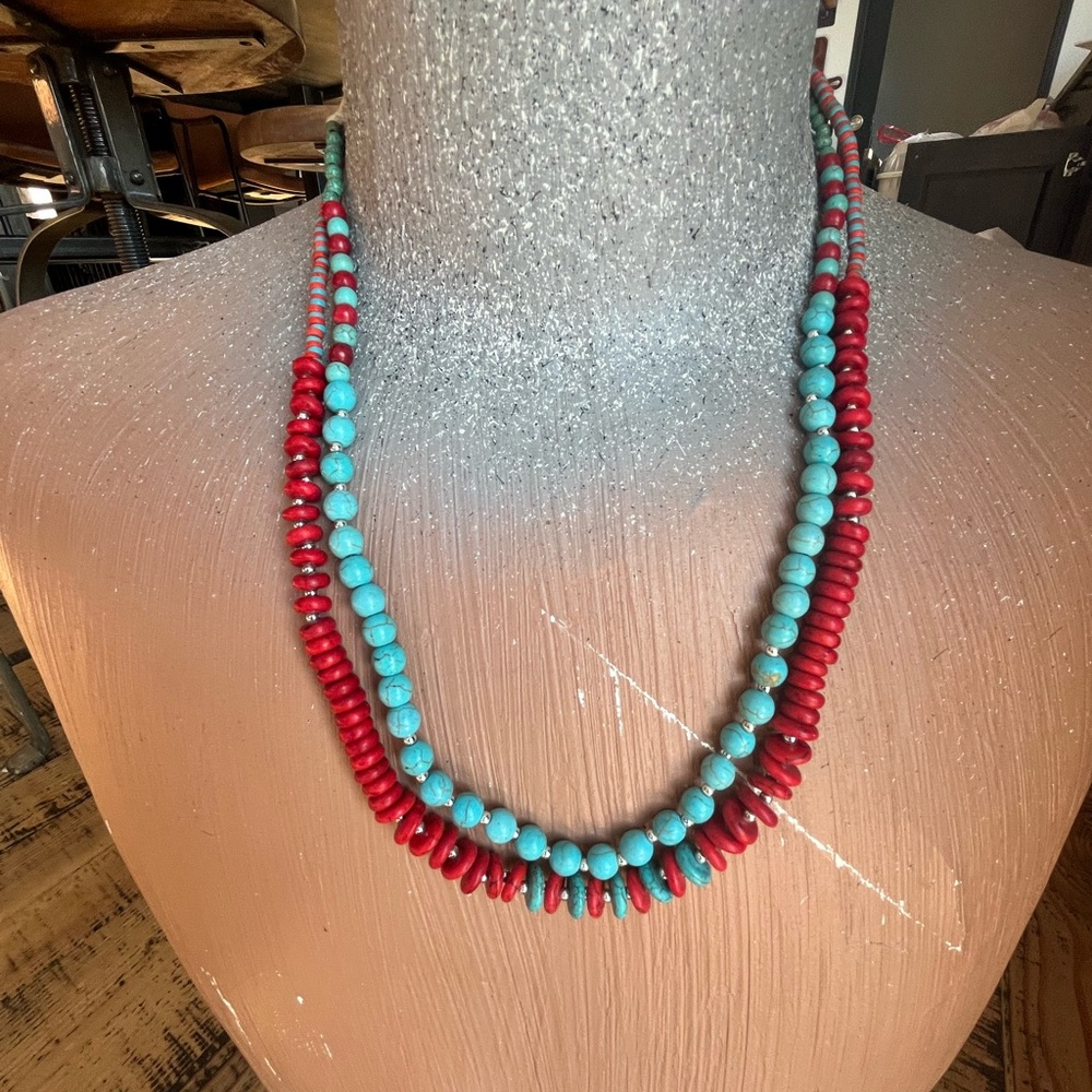 Double Strand Turquoise and Red Beaded Necklace